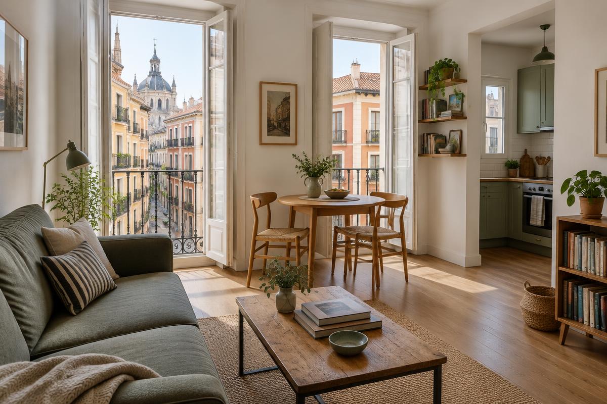 Ilustración conceptual de un salón para el escenario de alquiler en Malasaña